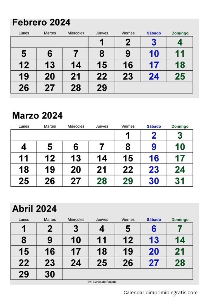 Calendario febrero marzo abril 2024 imprimible descarga gratuita