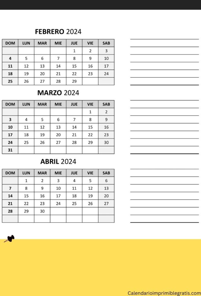 Calendario febrero marzo abril 2024 imprimible descargar gratis en pdf