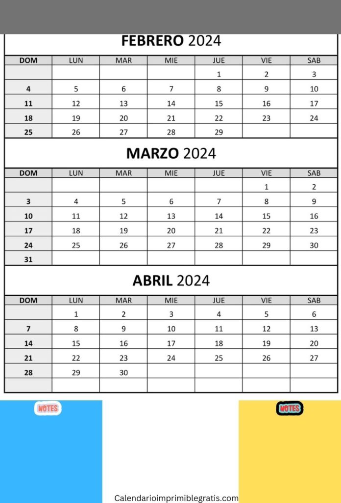 Calendario febrero marzo abril 2024 imprimible gratis pdf
