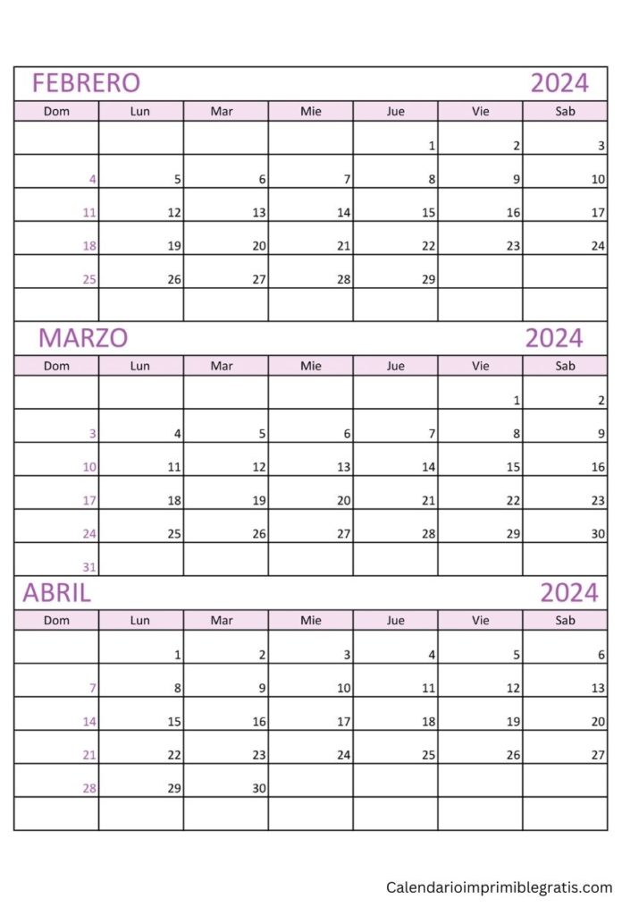 Calendario febrero marzo abril 2024 imprimible pdf