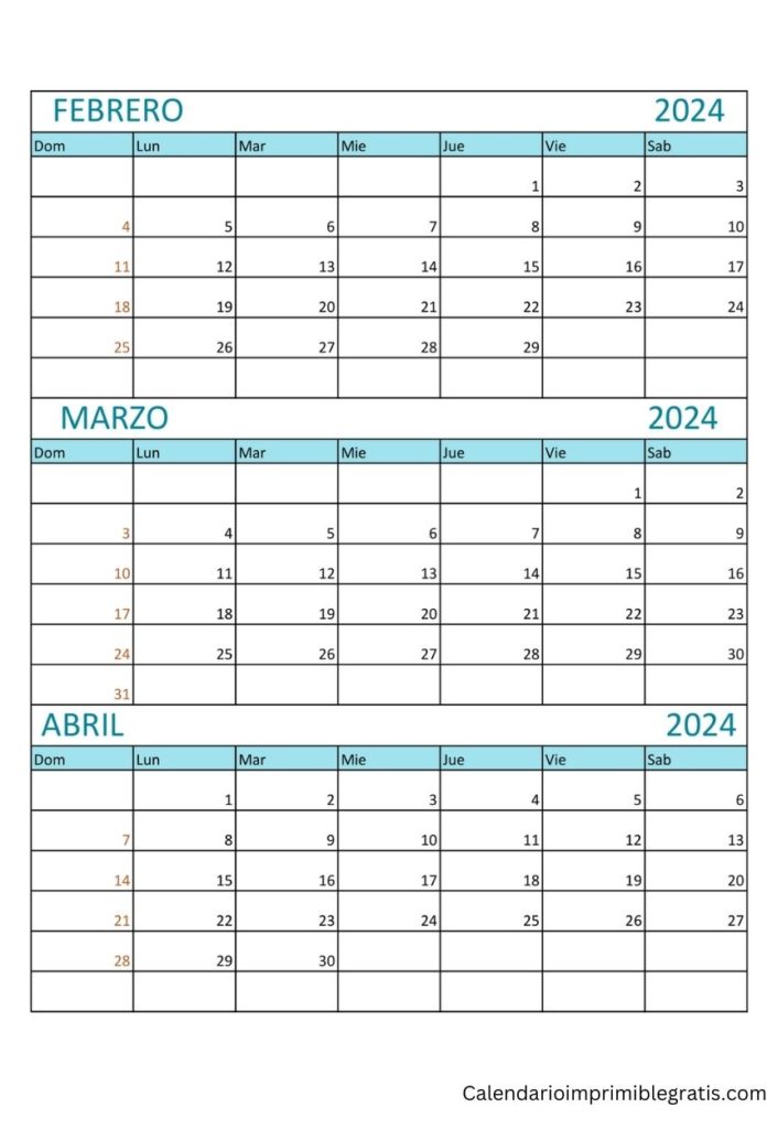 Calendario febrero marzo abril 2024 para imprimir gratis