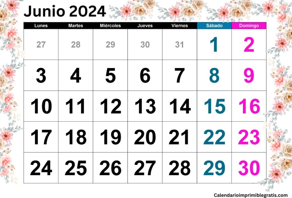 Calendario floral de junio de 2024 Diseno lindo