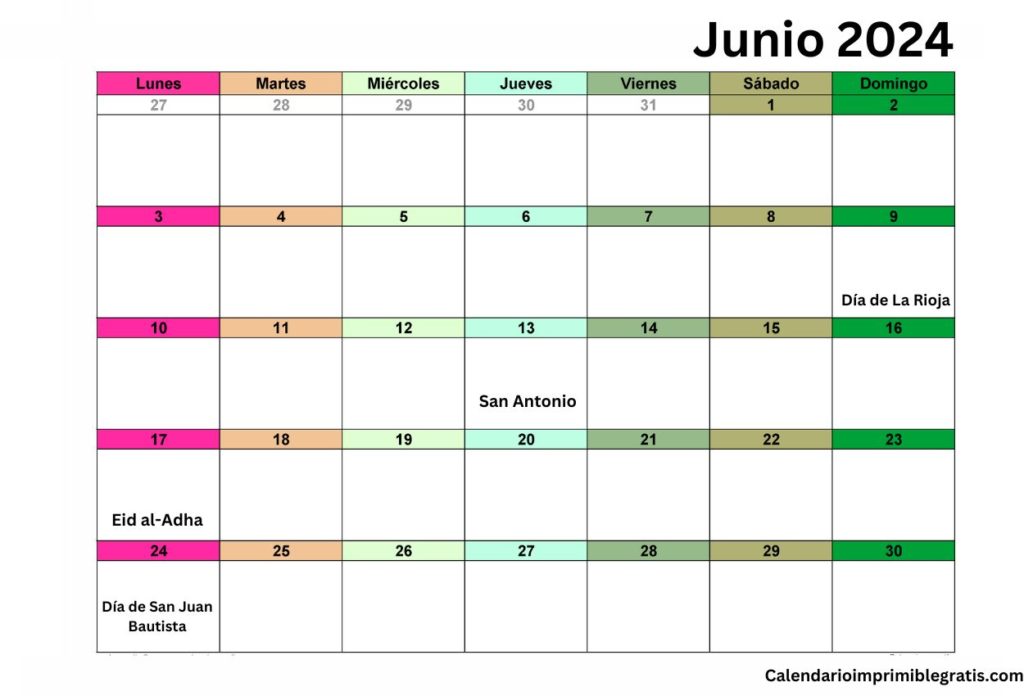 Calendario junio 2024 con dias festivos nacionales