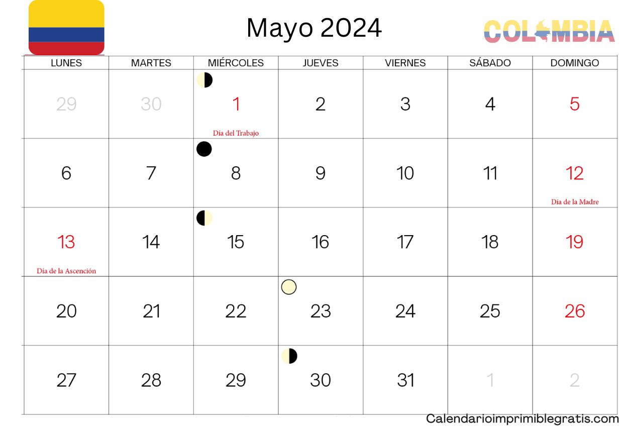 Calendario Mayo 2024 con Festivos