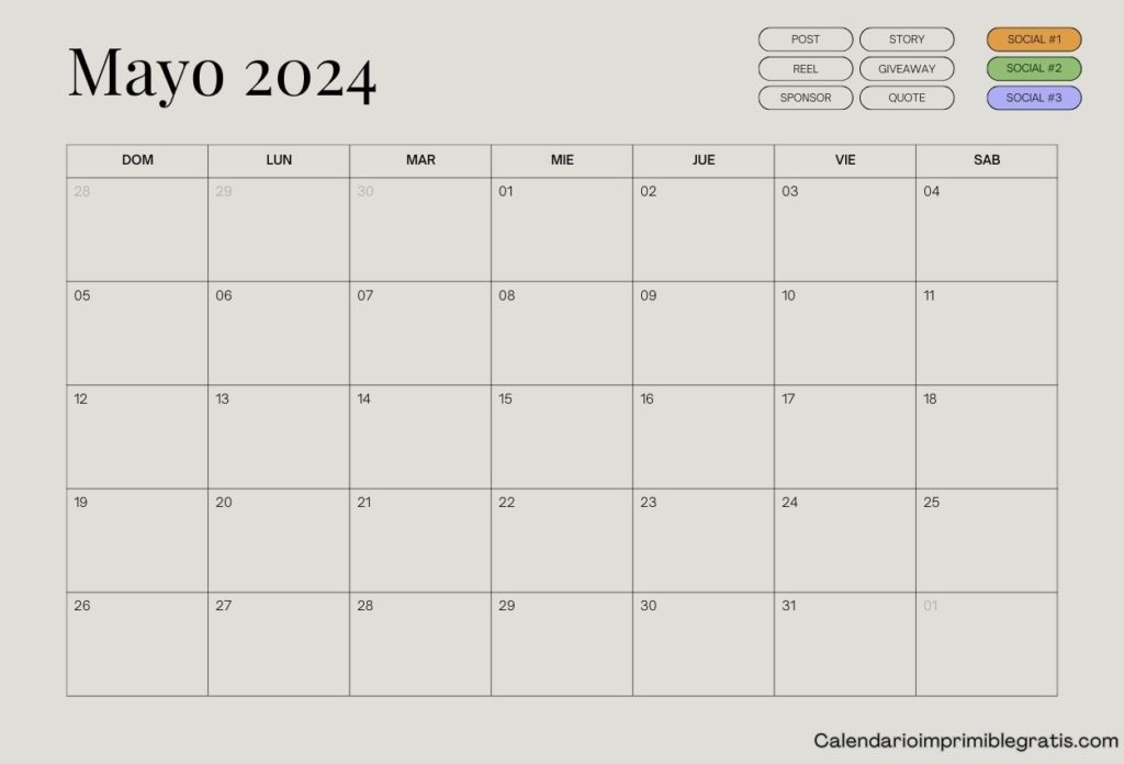 Calendario mayo 2024 de lunes a domingo