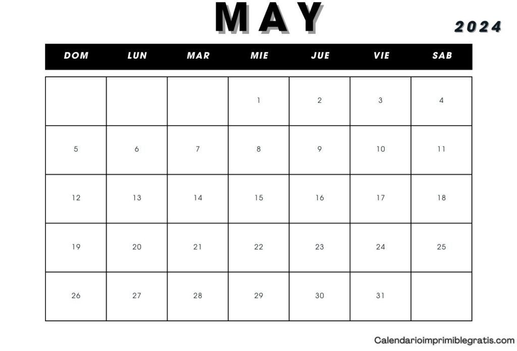 Calendario mensual de mayo de 2024 en blanco