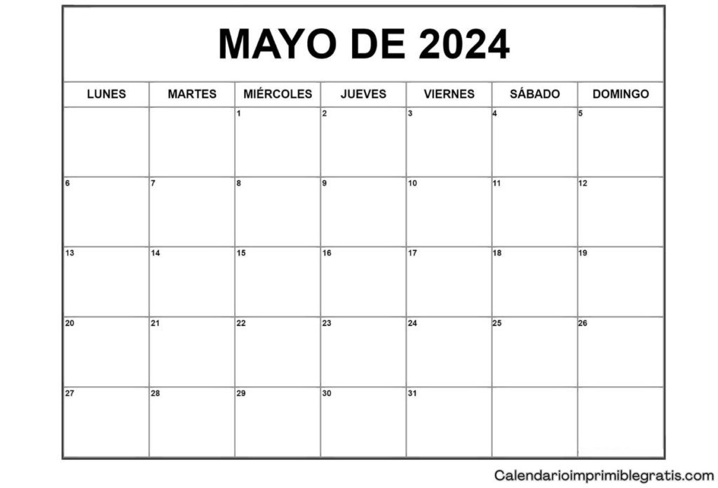 Calendario mensual en blanco de mayo de 2024 en español