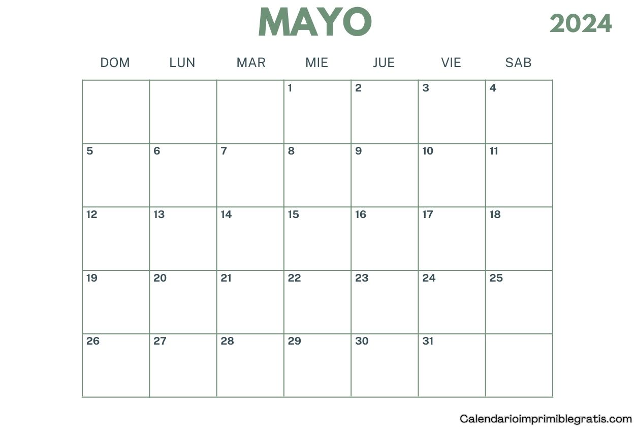 Calendario mensual gratuito de mayo de 2024