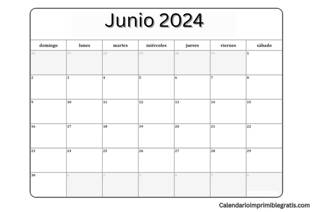 Calendario mensual junio 2024 con espacio para