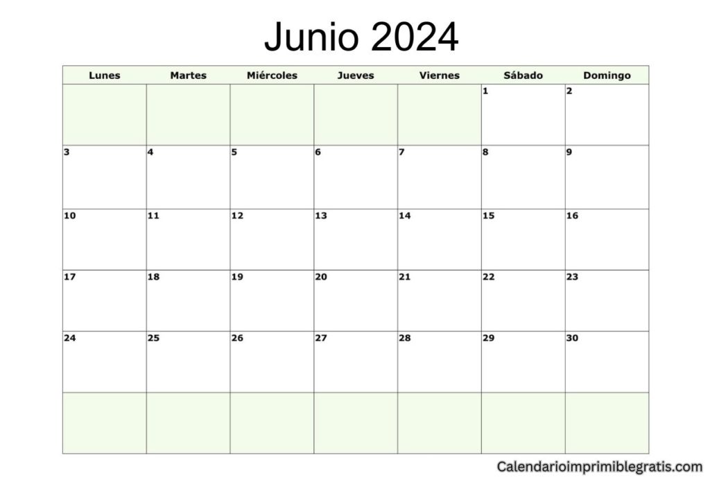 Descarga Gratis Calendario en Blanco Junio 2024