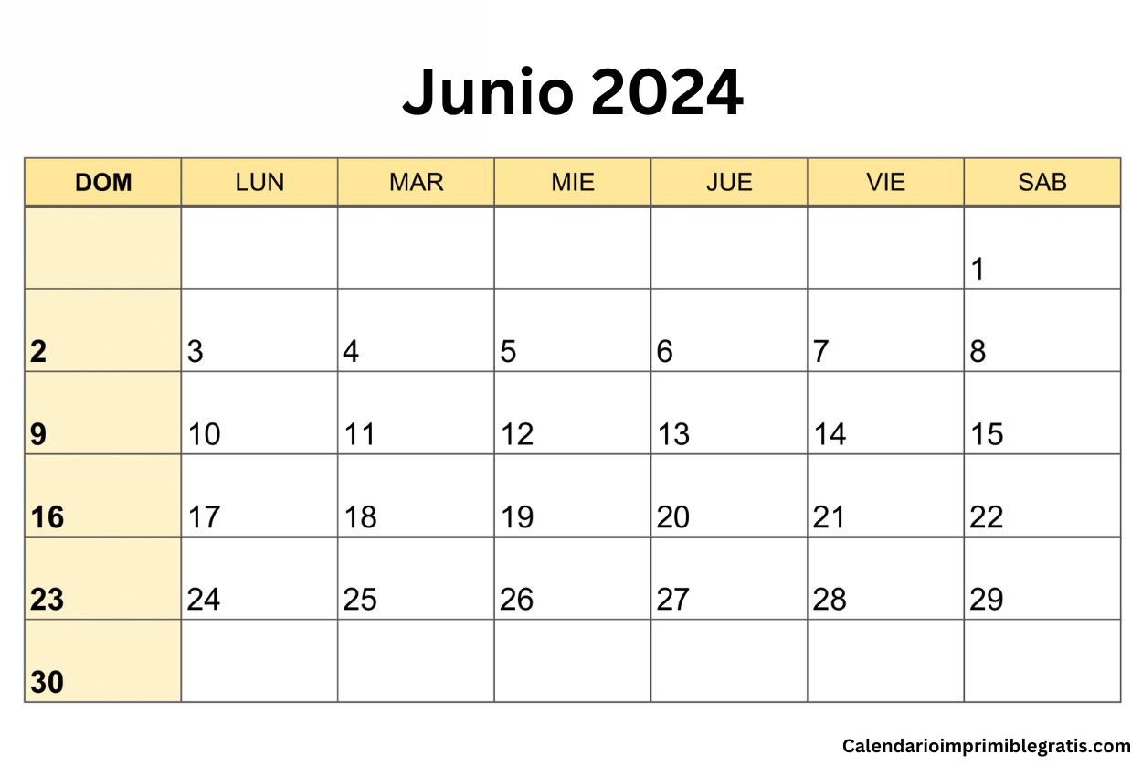 Descarga Gratuita Del Calendario Mensual De Junio De 2024 Para Imprimir