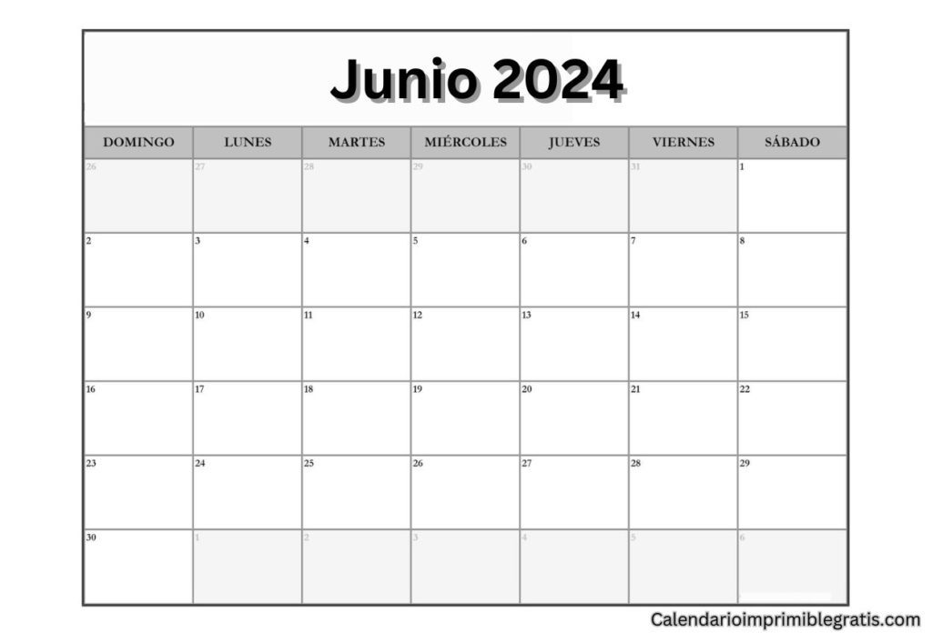 Descargar calendario junio 2024 en blanco y negro