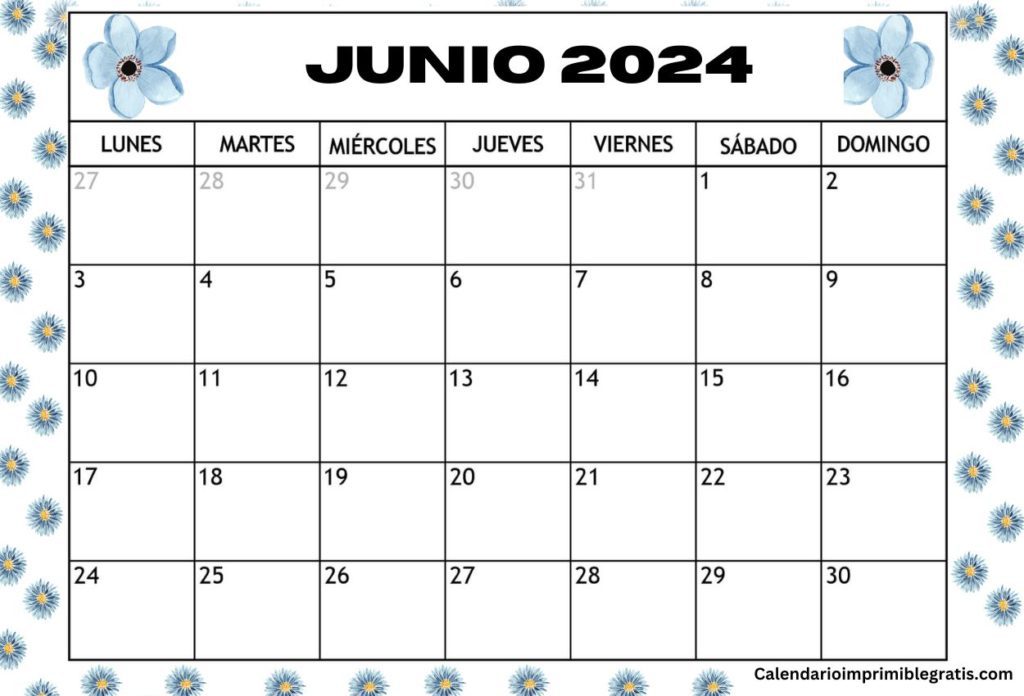 Florales Calendarios Junio 2024 para imprimir PDF