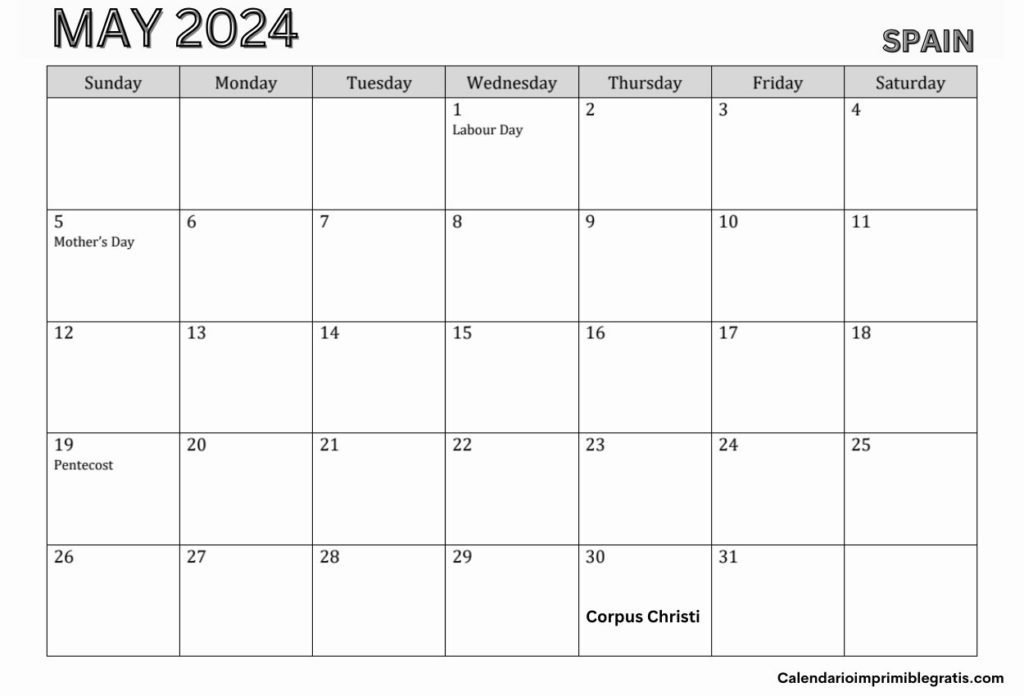 Free May 2024 Calendar Spain Holidays