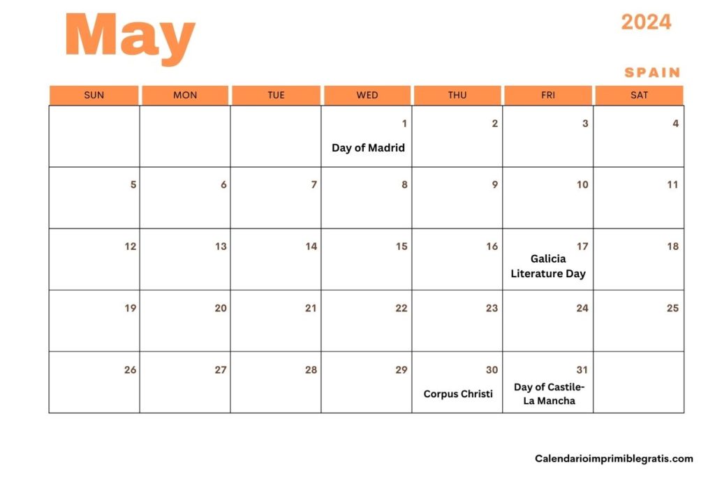 Free May 2024 Calendar with Spain