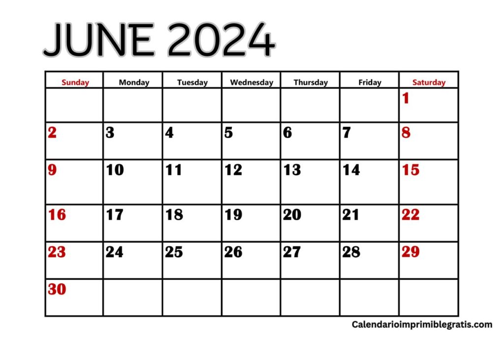 Free Print June 2024 Calendar Download