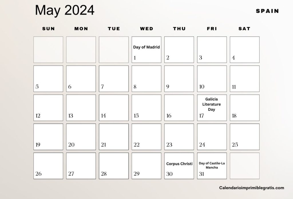 Free May 2024 Calendar with Spain