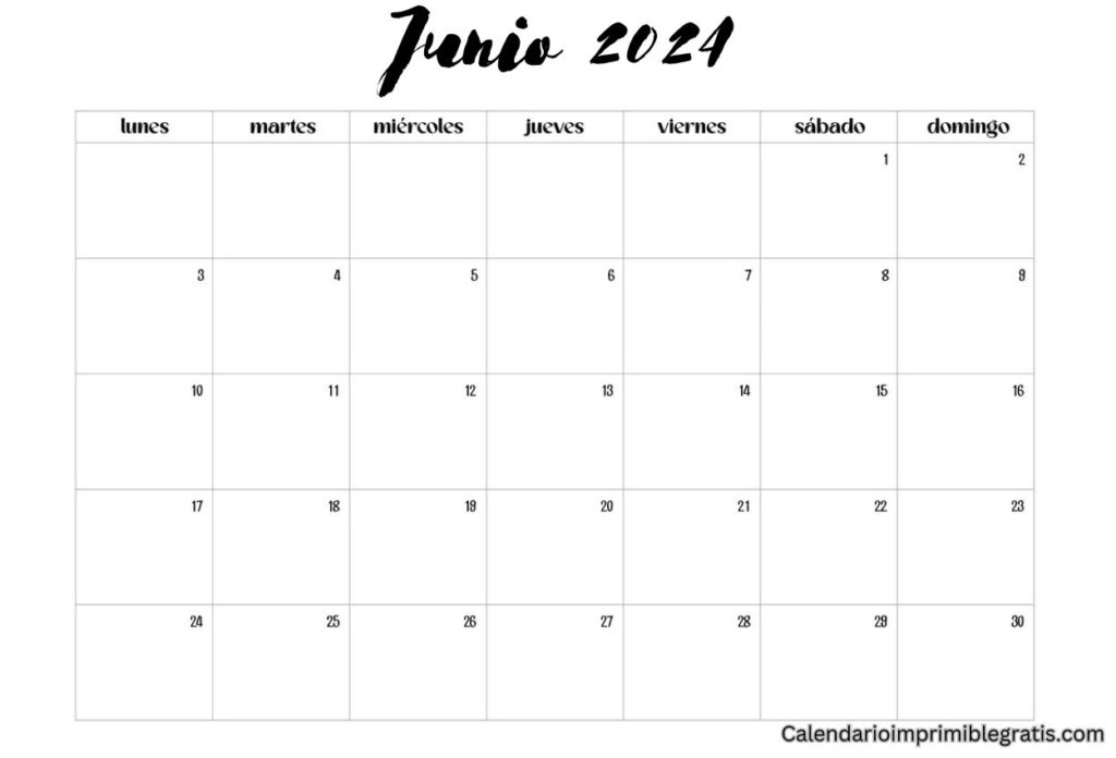 Gratis Calendario Junio 2024 formato en blanco