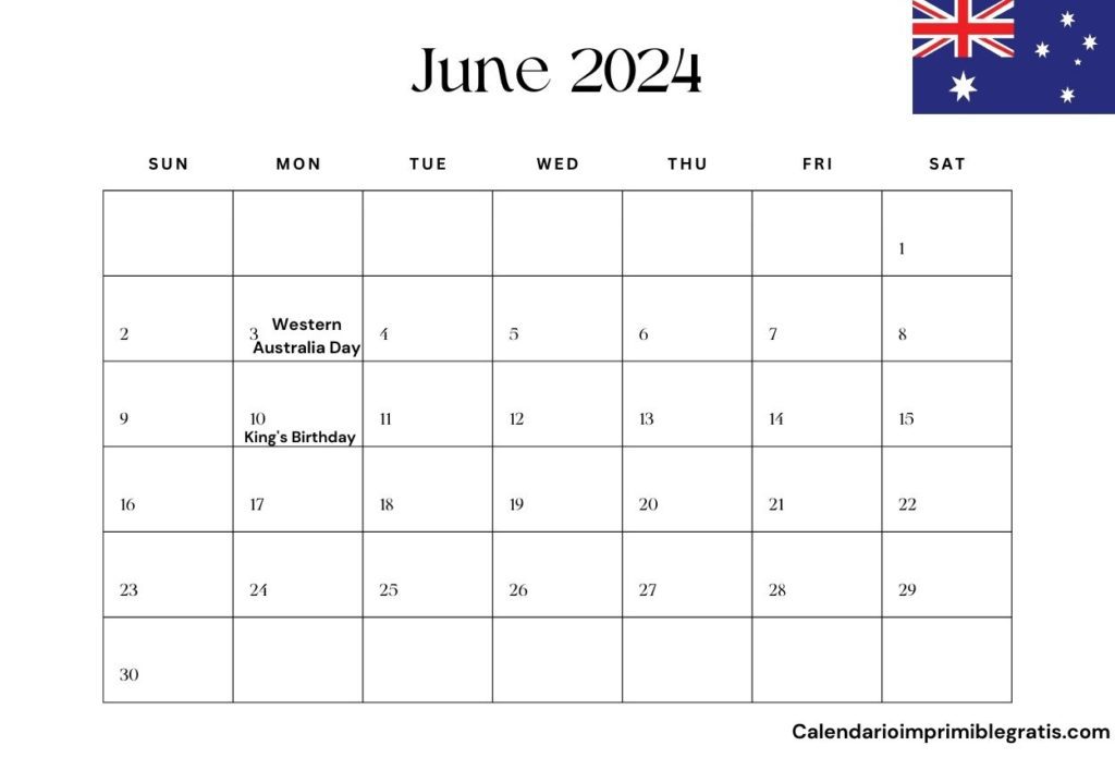 June 2024 Australia Holiday Calendar