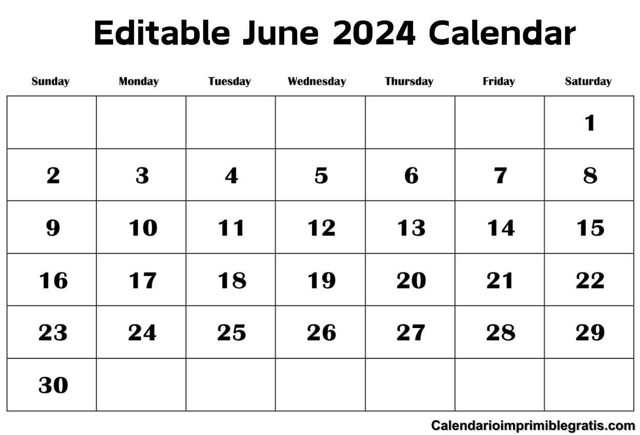 June 2024 Calendar Editable PDF