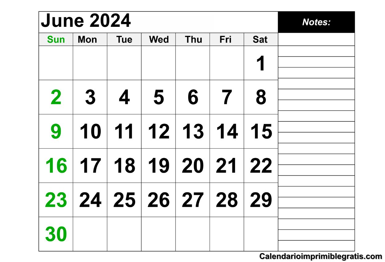 June 2024 Editable Calendar With Notes