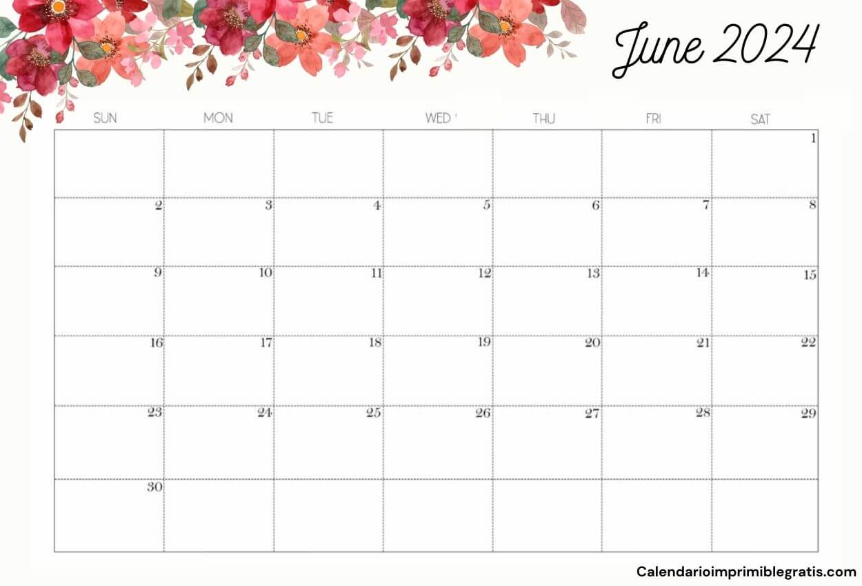 Cute June 2024 Floral Calendar Printable Free