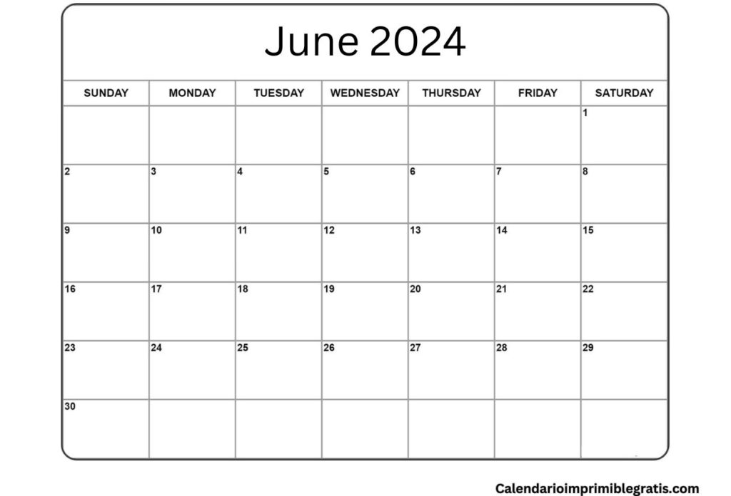 June 2024 Monthly Calendar A4