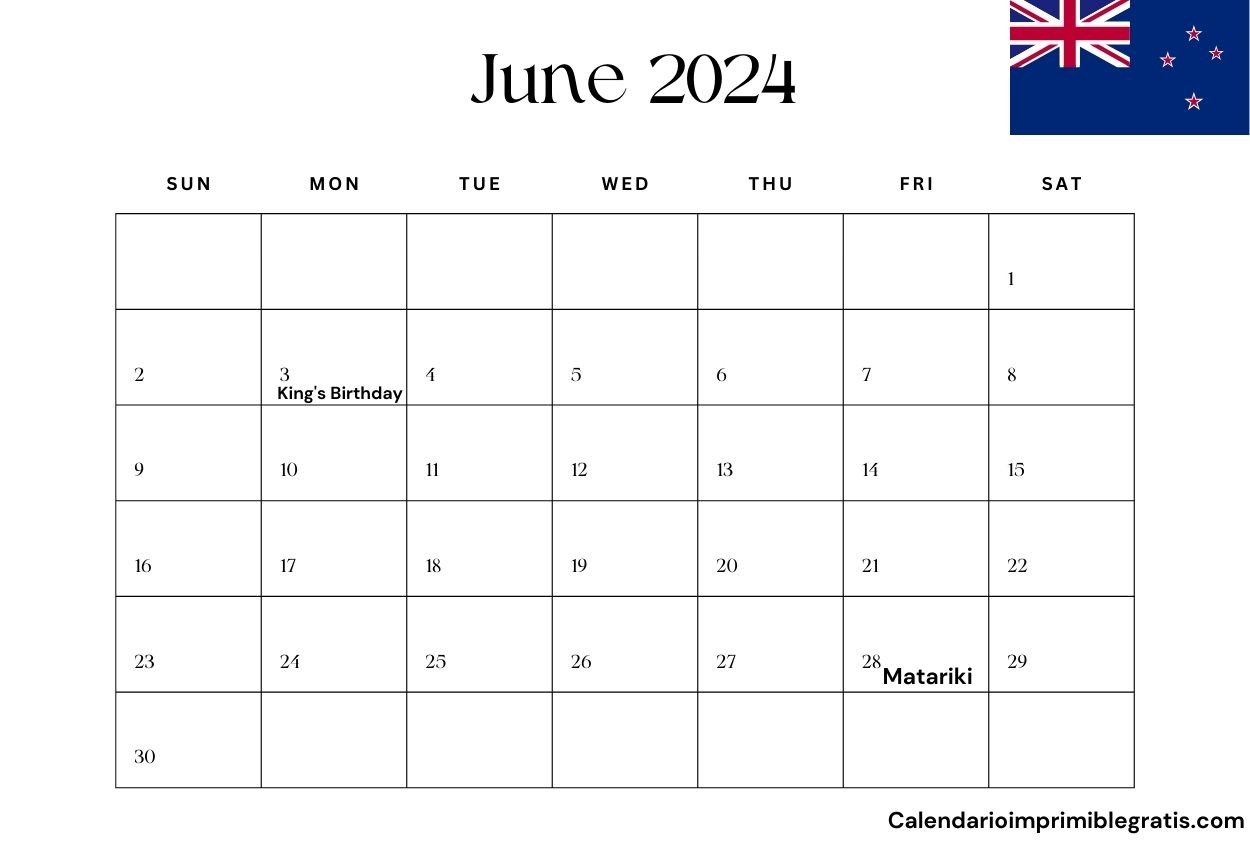 June 2024 New Zealand Holiday Calendar