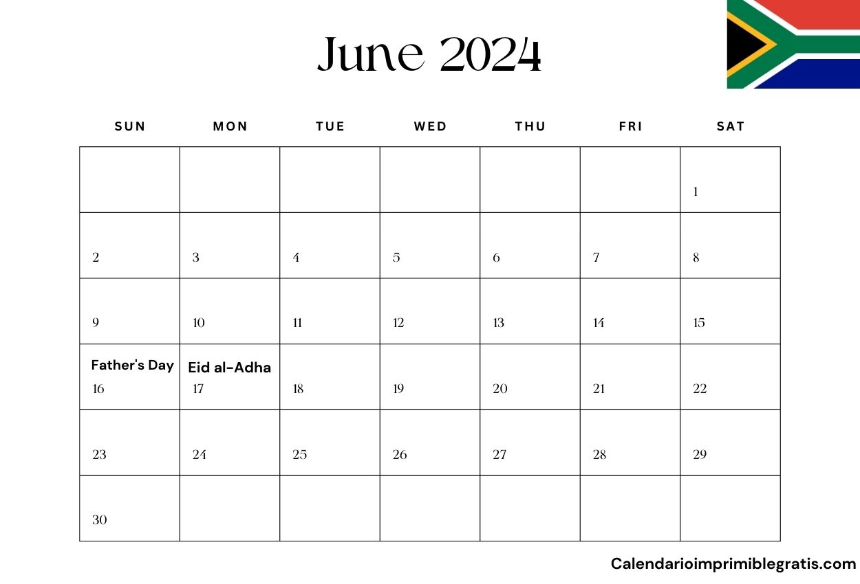 June 2024 South Africa Holiday Calendar