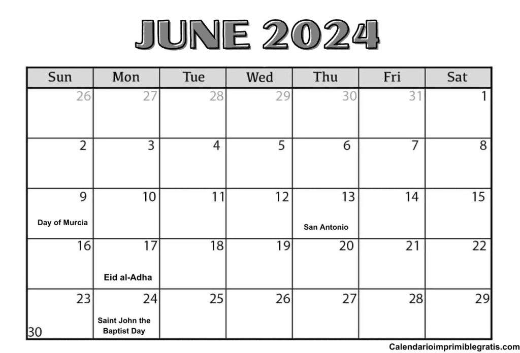 June 2024 Spain Holiday Calendar Free