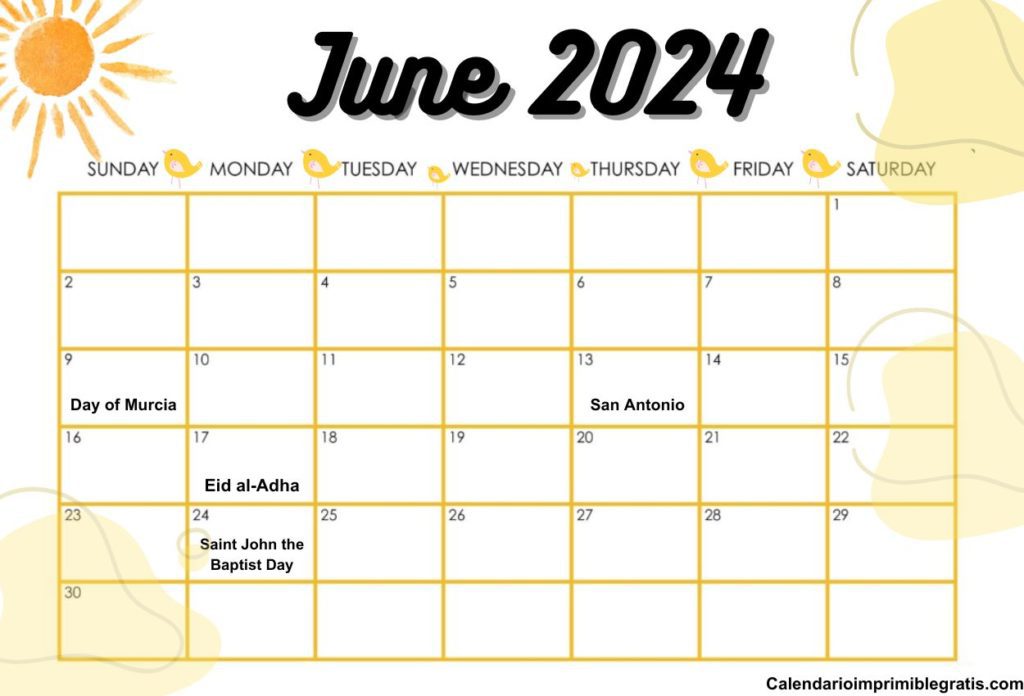 June 2024 Spain Holiday Calendar Free PDF