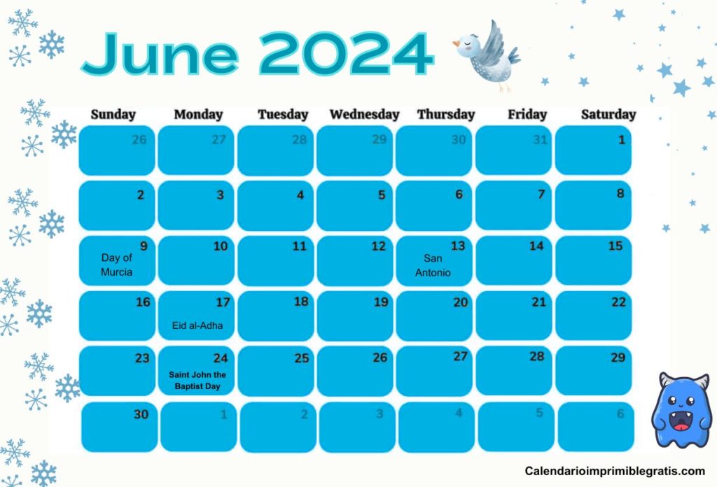 June 2024 Spain Holiday Cute Calendar