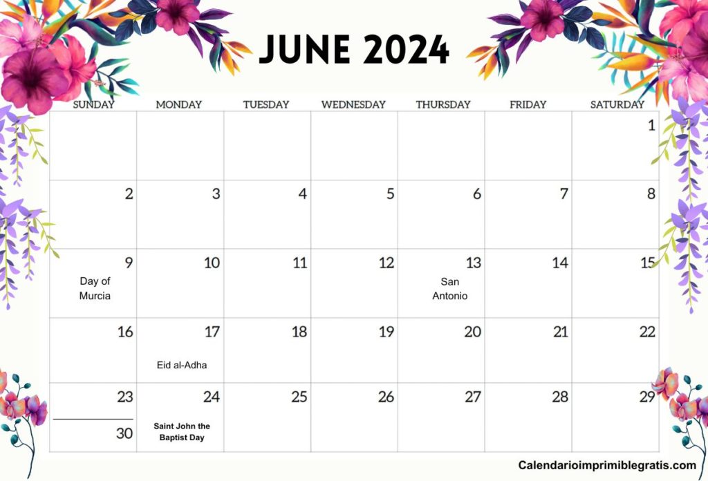 June 2024 Spain Holiday Floral Calendar