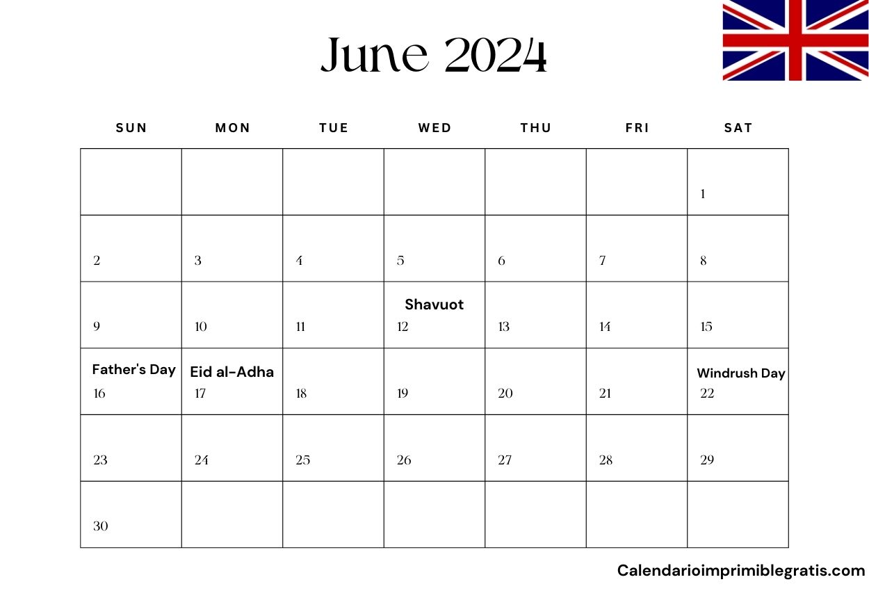 June 2024 UK Holiday Calendar