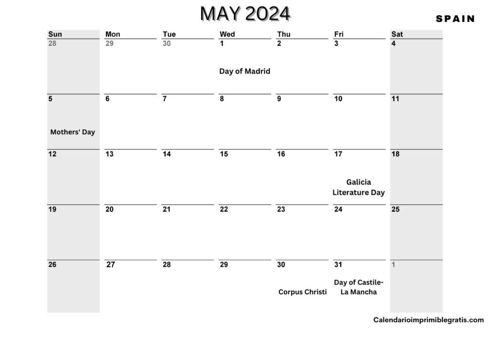 May Calendar 2024 with Spain Holidays