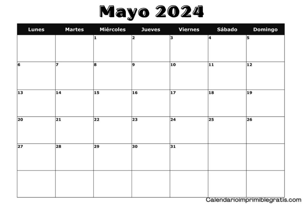 Plantilla de calendario en blanco para mayo de 2024 en Word