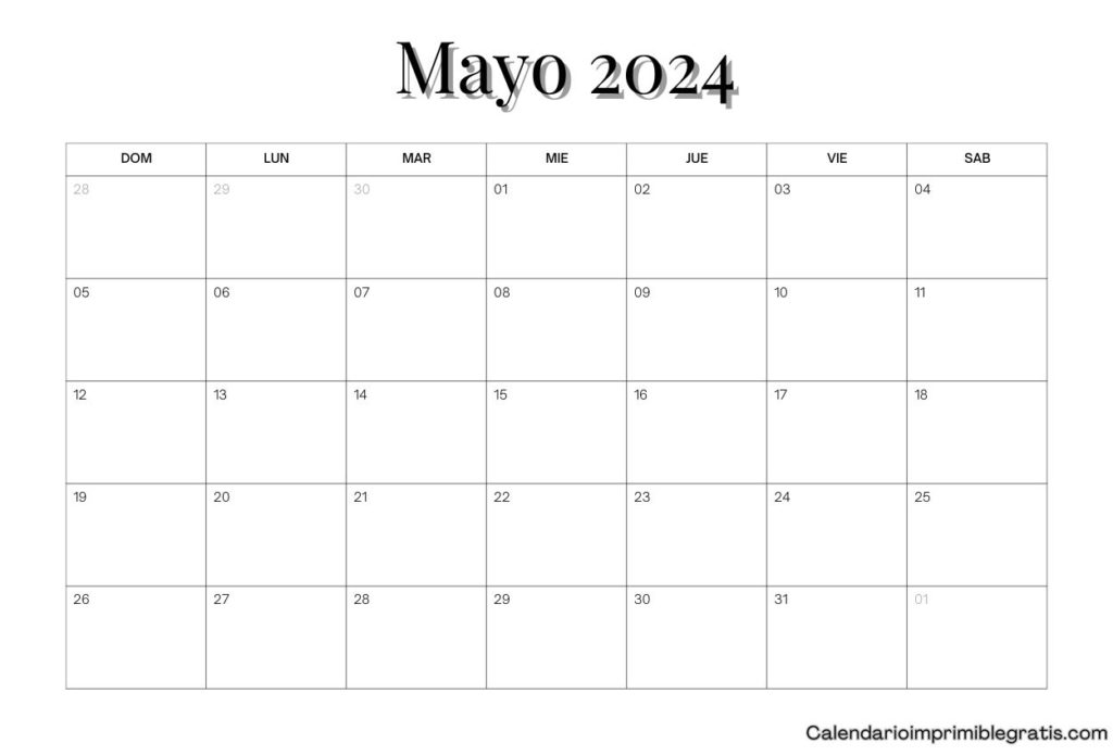 Plantilla de calendario mensual en blanco de mayo de 2024