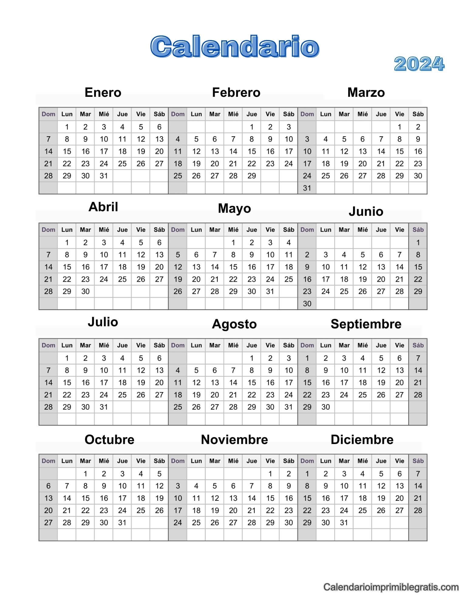 Plantillas de planificador de calendario anual 2024 imprimibles gratis
