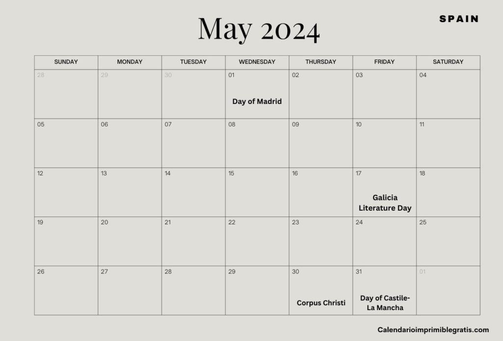 Printable May 2024 Calendar With Spain Holidays