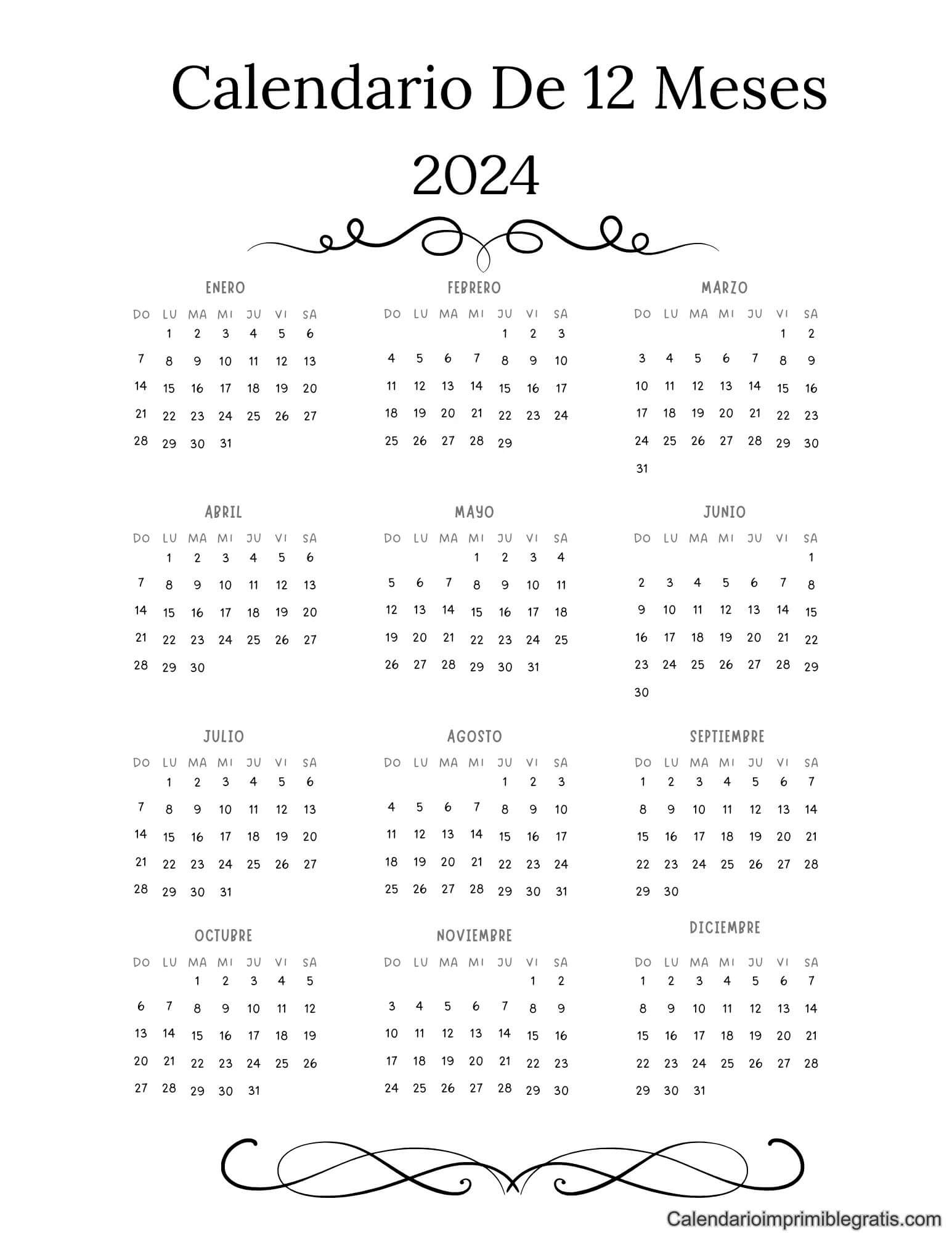 calendario de 12 meses 2024 imprimible