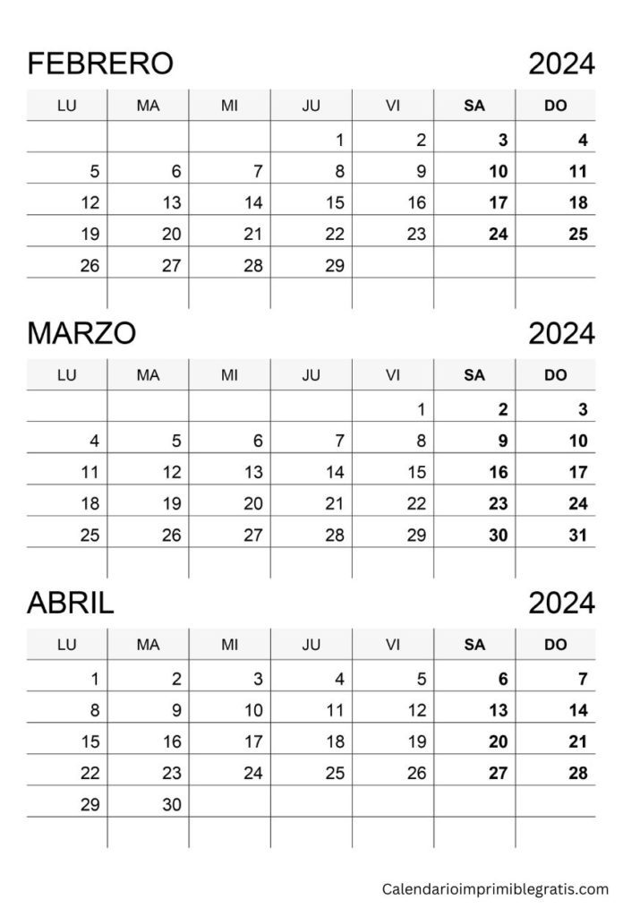 calendario febrero marzo abril 2024 imprimible