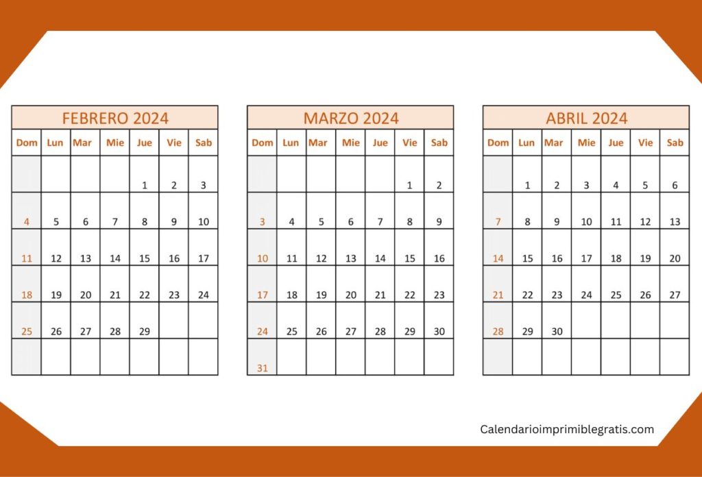 calendario imprimible febrero marzo abril 2024