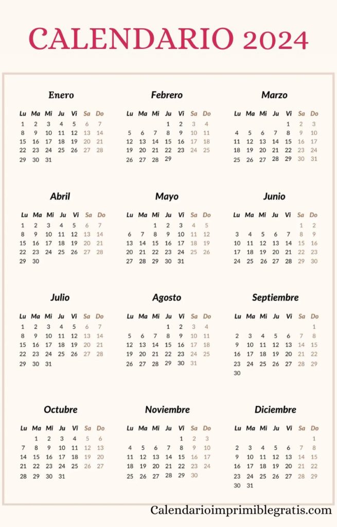Calendario 2024 imprimible PDF