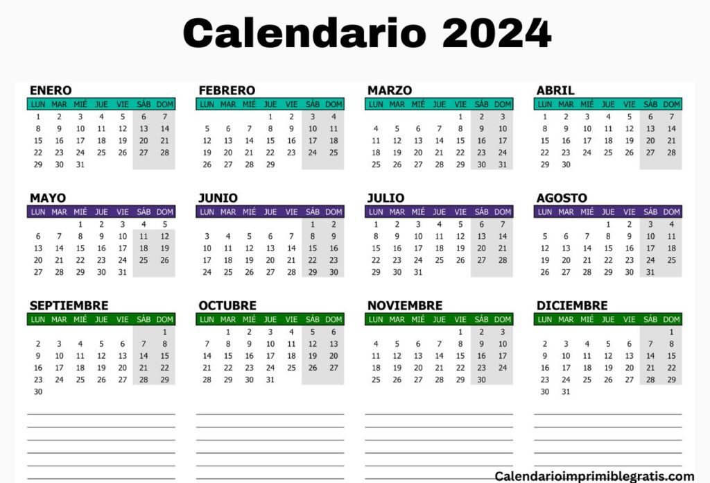 Calendario 2024 para imprimir una página
