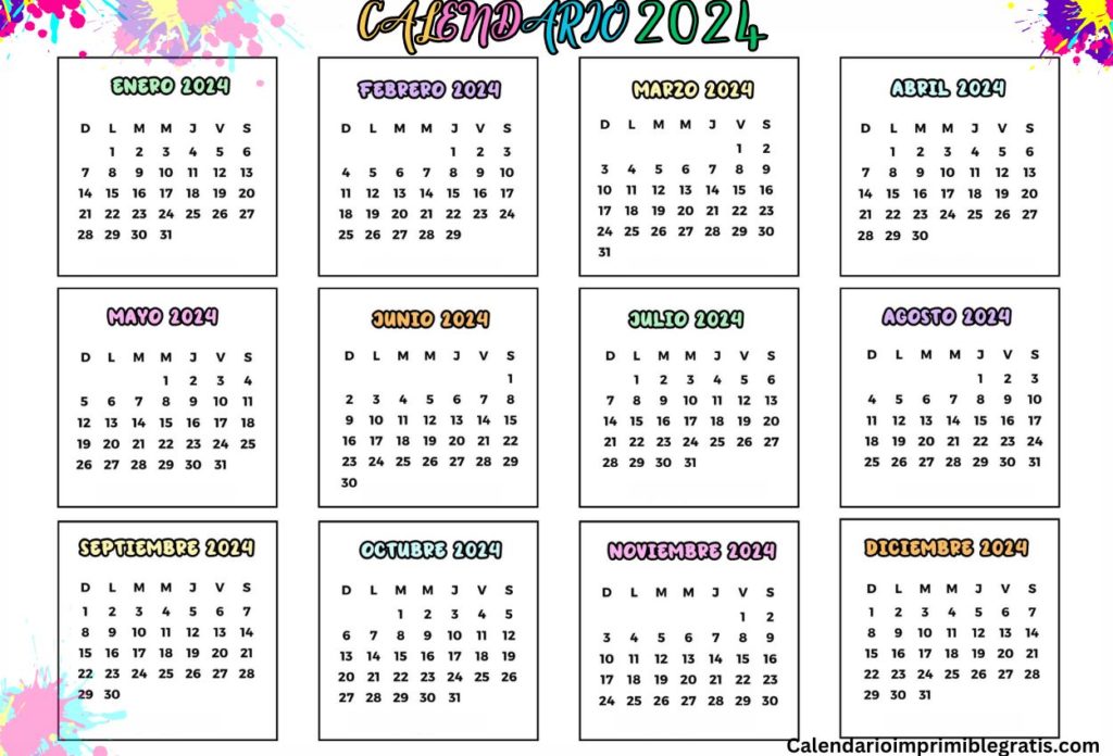 Calendario Imprimible 2024 Plantillas gratuitas de una página