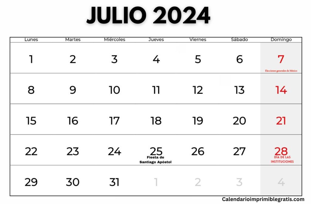 Calendario Feriados Julio 2024 Excel