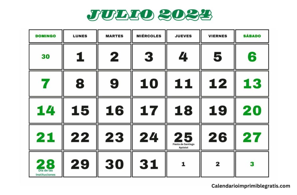 Calendario Festivos Julio 2024