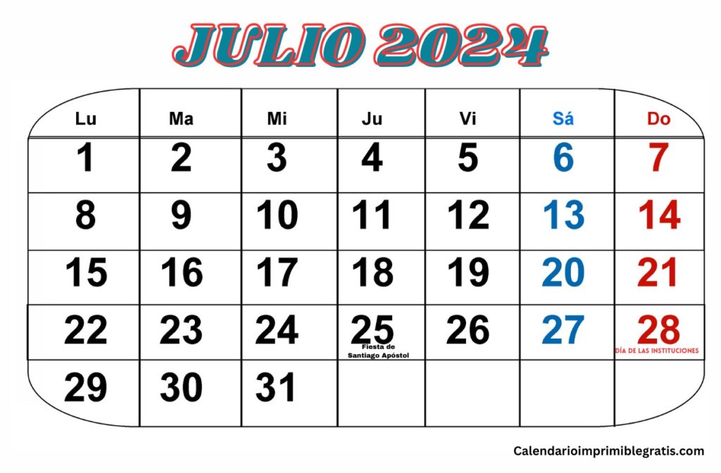 Calendario Festivos Julio 2024 PDF