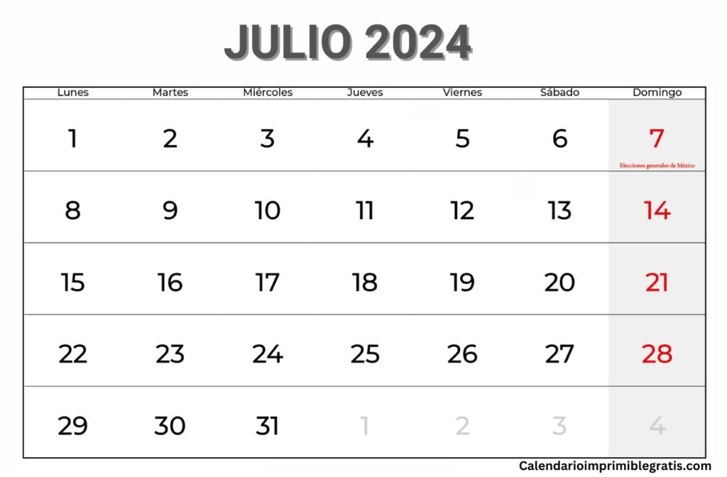 Calendario Julio 2024 Paisaje
