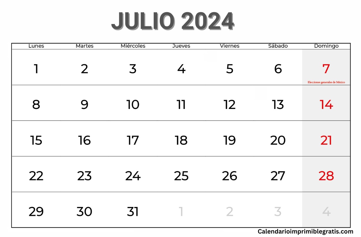 Calendarios Julio 2024 Para Imprimir Gratis